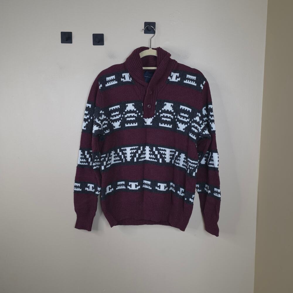 American Eagle Men's Sweater Aztec Tribal Maroon Red Mock Neck Button Size L